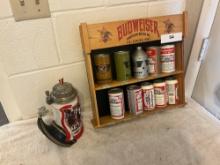 Budweiser Champion Series beer stein & Budweiser shelf w/vintage Budweiser cans
