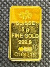 PAMP Suisse 5 Gram 9999 Fine Gold Bullion Bar