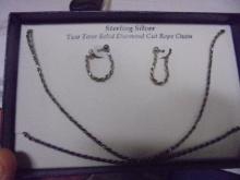 Sterling Silver Two Tone Solid Diamond Cut Rope Chain Necklace & Matching Earrings