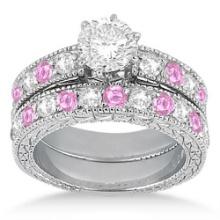 Antique style Diamond and Pink Sapphire Bridal Set 14k White Gold 1.80ctw