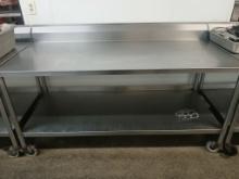 60" Solid Stainless Steel Table W/ Stainless Under Shelf & Casters - Comes Complete with Backsplash
