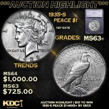 ***Auction Highlight*** 1935-s Peace Dollar $1 Graded ms63+ BY SEGS (fc)