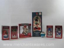 Seven Blown Glass Ornaments includes Disney Mickey Unlimited 1997 Santa's Best, 2004 Coca Cola and