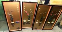 4 Japanese Panels with Jade, Coral and Other carved Gemstones- 30" Long Each