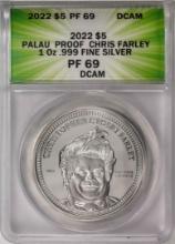 2022 $5 Palau Proof Chris Farley Silver Coin ANACS PF69DCAM