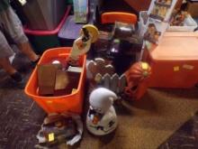 (2) Totes of Halloween Decorations, Ceramic Figurines, Wooden Lawn Statues