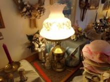 Antique Brass Based Table Lamp with Roses/Flowers Painted on the Hand Blown