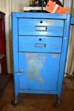 BLUE METAL CABINET WITH ELECTRICAL OUTLET,
