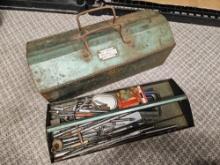 VINTAGE WATERLOO FLAP TOP METAL TOOLBOX WITH CONTENTS