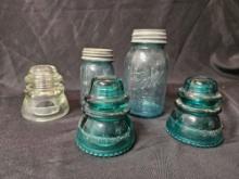 Antique blue Atlas And Ball jars and i Hemingray nsulators