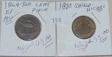 1864 2¢pc. EF. 1870 Shield Nickel VG+.