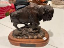Bronze Buffalo on Wooden Stand-12''Wx 12''T