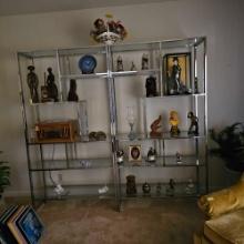 2 CHROME AND GLASS SHELVING UNITS