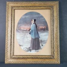 Framed Ullman mfg co. 1900s print Victorian woman in snow holding bible