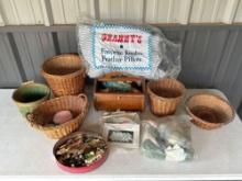 Baskets, Yarn, Vintage Buttons & Sewing Supplies