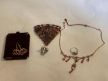 Purple Costume Jewelry Broach With Necklace & Earring Set