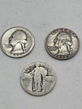 Quarters, 3 Total, 1962 D, 2 Unreadable Dates