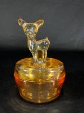 Marigold Carnival Glass Powder w/ Bambi Lid 5-3/4"h