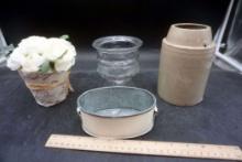 Glass Bowl, Metal Container, Stoneware Container & Flowers In Pot