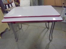 Vintage Red & White Porcelain Top Table w/ Drawer & 2 Pop-Up Leaves