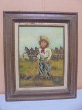 Signed Framed Oil Painting of Young Cowboy