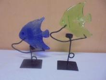 2 Art Glass Fish in Iron Tea Light Candle Holders