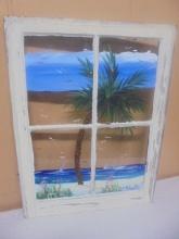Antique Hand Painted Wooden Window w/ Palm Tree