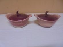 Set of 2 Vintage Hull USA Crescent Strawberry Maroon Individual Casseroles w/ Lids