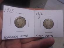 1913 & 1916 S Mint Silver Barber Dimes