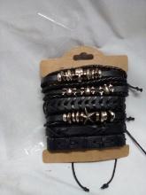 6 Pack of Black Leather Tie Back Rugged Bracelets