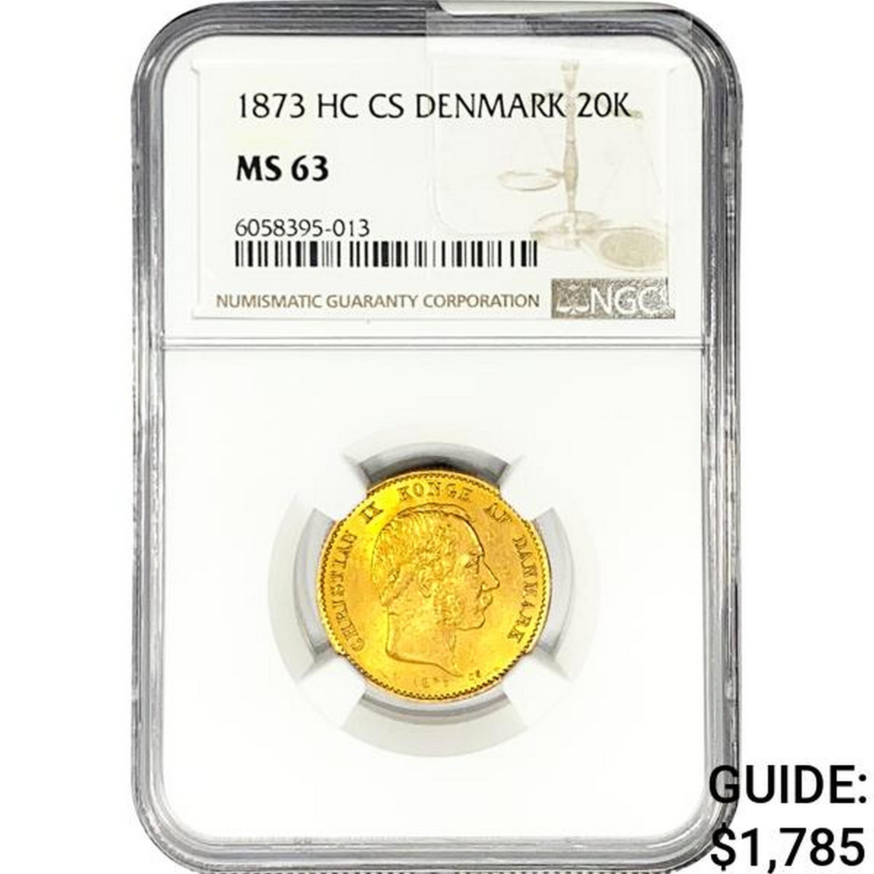 1873 .2593oz. Gold HC CS Denmark 20 Kroner NGC MS6