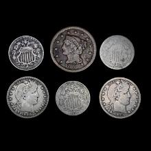 [6] Varied US Coinage (1851, 1867, (2) 1882, 1908-