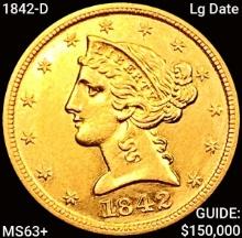 1842-D Lg Date $5 Gold Half Eagle CHOICE BU+