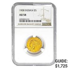 1908 $5 Gold Half Eagle NGC AU58