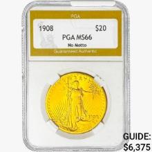 1908 $20 Gold Double Eagle PGA MS66 No Motto