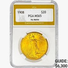 1908 $20 Gold Double Eagle PGA MS65 No Motto