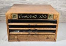 Antique Corticelli Silk Thread Spool Cabinet with Orig. Graphics