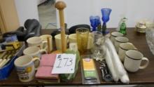 kitchen lot, mugs, paper towel holder, bissell oder reducer, sponges, plasticware and food tents