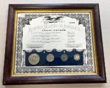 Framed Coin set, US Legal Tender, includes 40% half, Buffalo Nickel, Steel Cent, and Mercury Dime