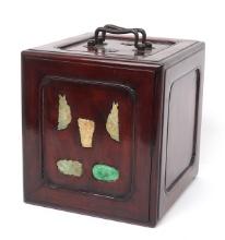 Gorgeous Chinese Hardwood Jewelry Box, Jade & Stone Appliques