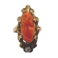 Antique Coral Cameo Mounted in 10K Gold Ring