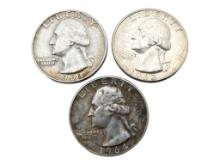 Lot of 3 Quarters - 1961-D, 1963-D & 1964-D - 90% Silver