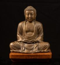 Vintage Solid Brass Seated Buddha Statue on Wooden Base