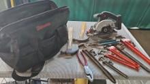 Craftsman tool bag with pipe wrench, pliers,
