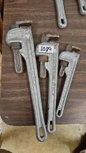 3 Ridged aluminum pipe wrenches, 18" 14" and 10"