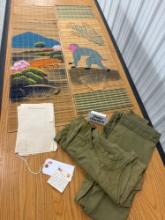 MILITARY CLOTHING AND BAMBOO HAND PAINTED WALL HANGINGS