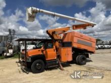 Altec LRV55, Over-Center Bucket Truck mounted behind cab on 2008 GMC C7500 Chipper Dump Truck Red-Ta
