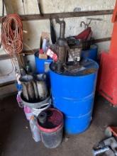 OIL BARRELS WITH PUMPS, OIL CANS, OIL PANS