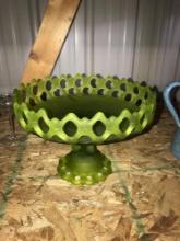 Vintage green stain compote dish with lace edges