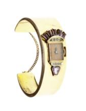 Lucien Piccard 14k Yellow Gold, Amethyst and Diamond Cuff Wristwatch
